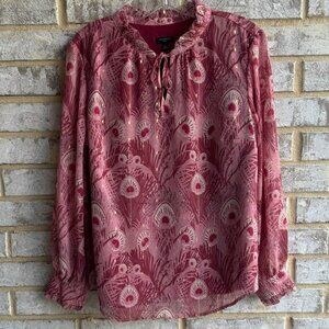 Talbots Long Sleeve Tie Neck Ruffle Peacock Feather Blouse Women's Size L Petite